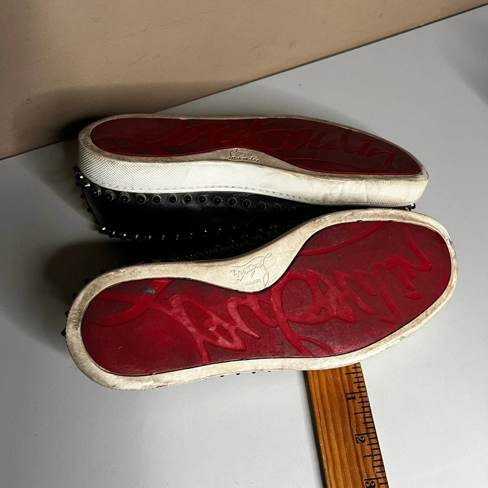 Christian Louboutin Roller Boat Black Leather Spiked‎ Slip On Sneakers 37.5